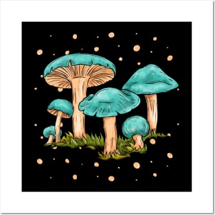 Bright blue mushrooms, cartoonish cottagecore art Posters and Art